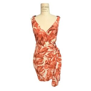 NWT Women Terracotta Abstract Leaf Print Mini Dress Side Tie O-Ring Straps Vacay